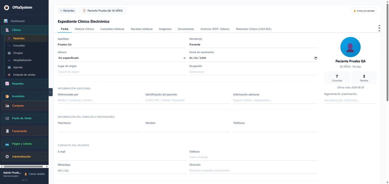 Vista del expediente clínico electrónico de un paciente en OftaSystem, con pestañas de Ficha, Historia Clínica, Consultas, Recetas, Imágenes, Documentos y Resumen CDA-MX